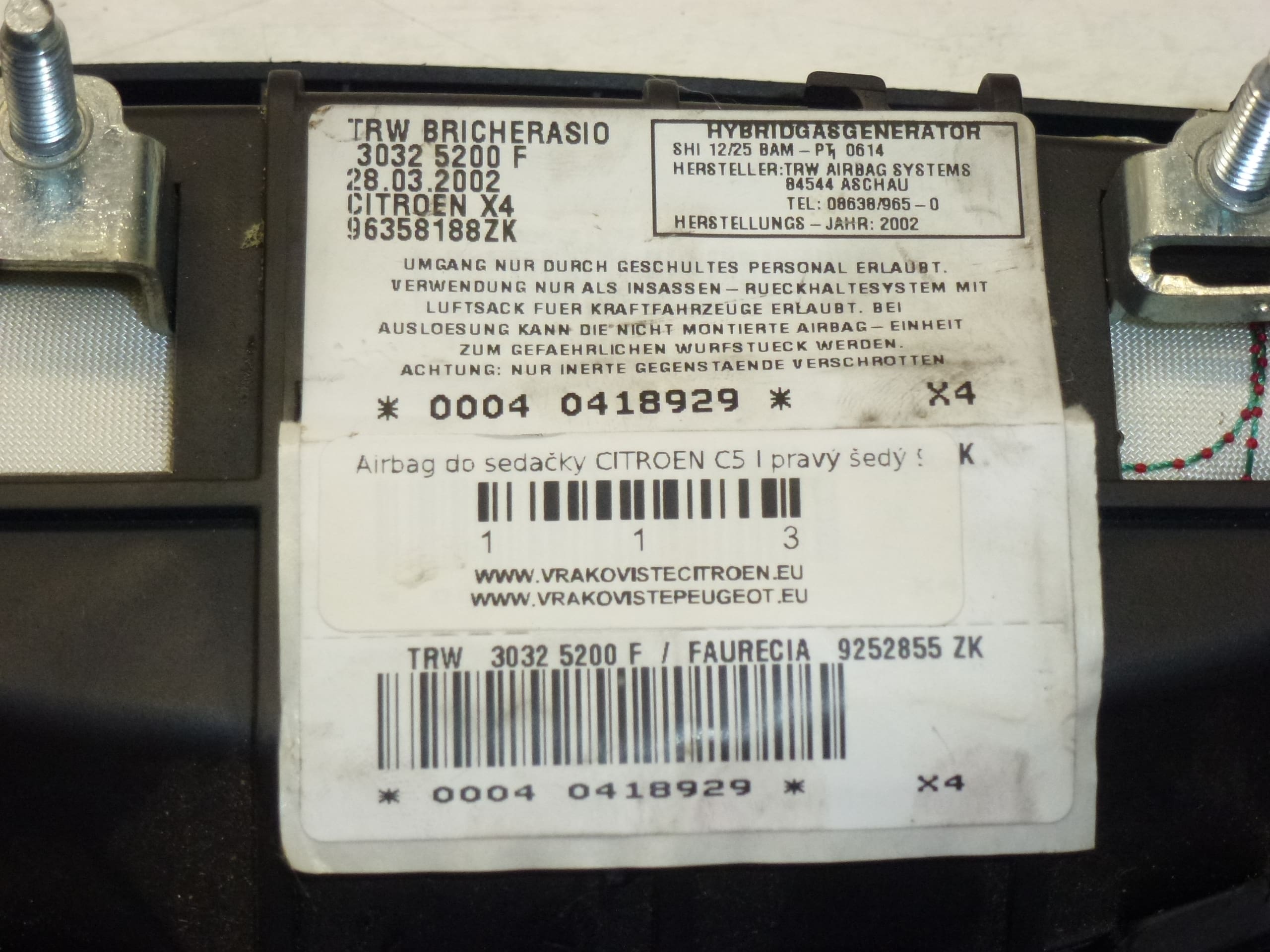 Airbag para el asiento del pasajero Citroën C5 96358188ZK 96391352ZK 8216K3 - Imagen 2